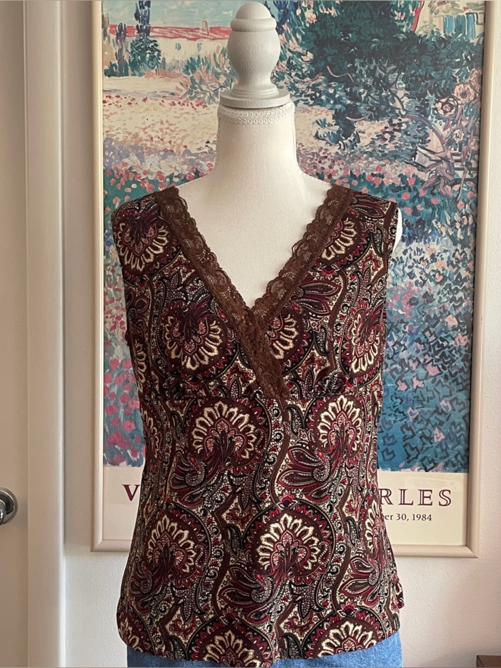 Vintage Y2K JKLA Lace Trim Tank Top Large VNeck Wrap Brown Paisley Boho Festival